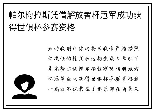 帕尔梅拉斯凭借解放者杯冠军成功获得世俱杯参赛资格